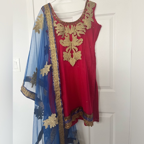 Punjabi Suit with tights or pajami - Hot pink and royal Blue. Size 40+ - Picture 3 of 4
